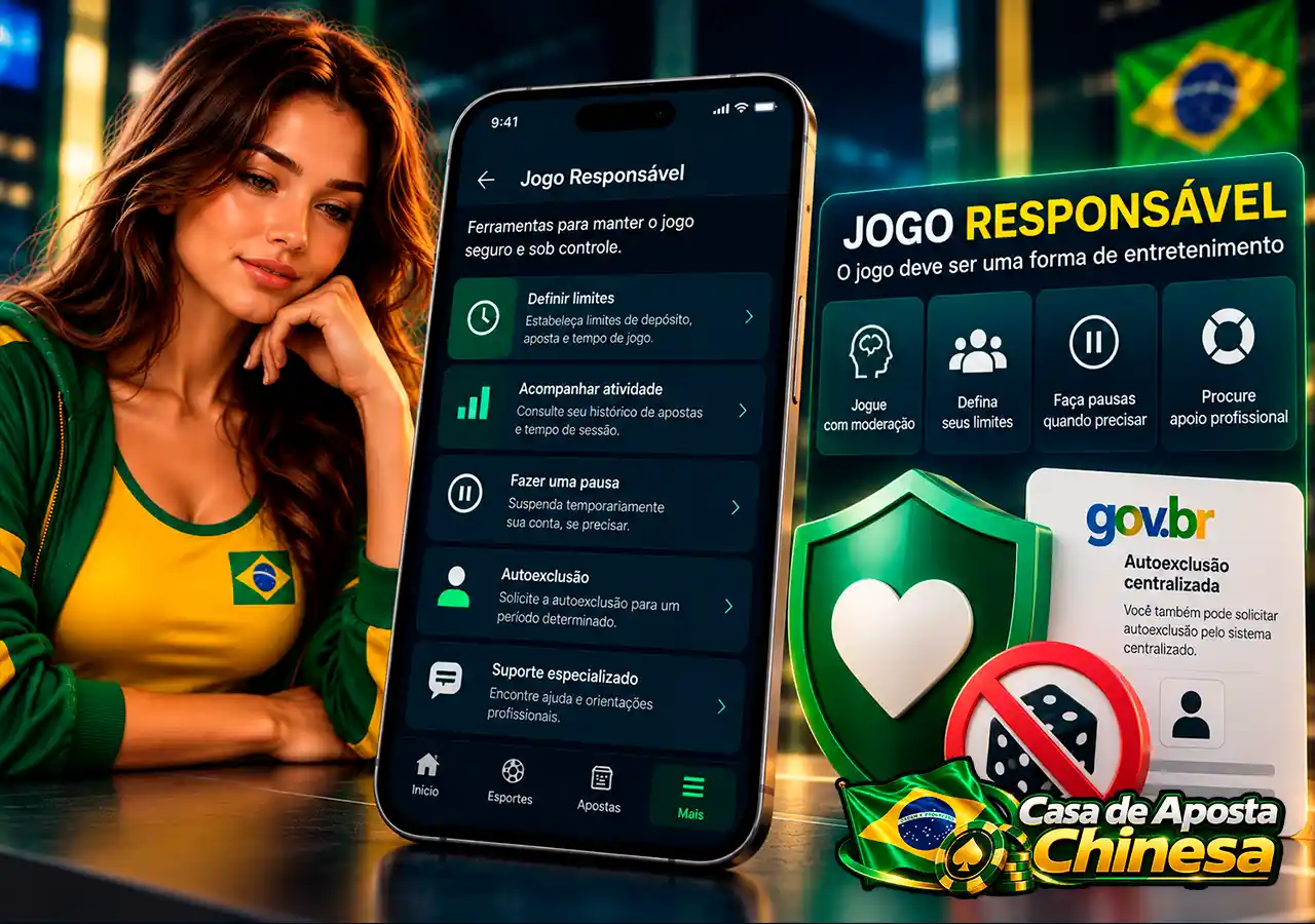 Jogo responsável no celular com símbolo de proteção e autoexclusão centralizada no Brasil.